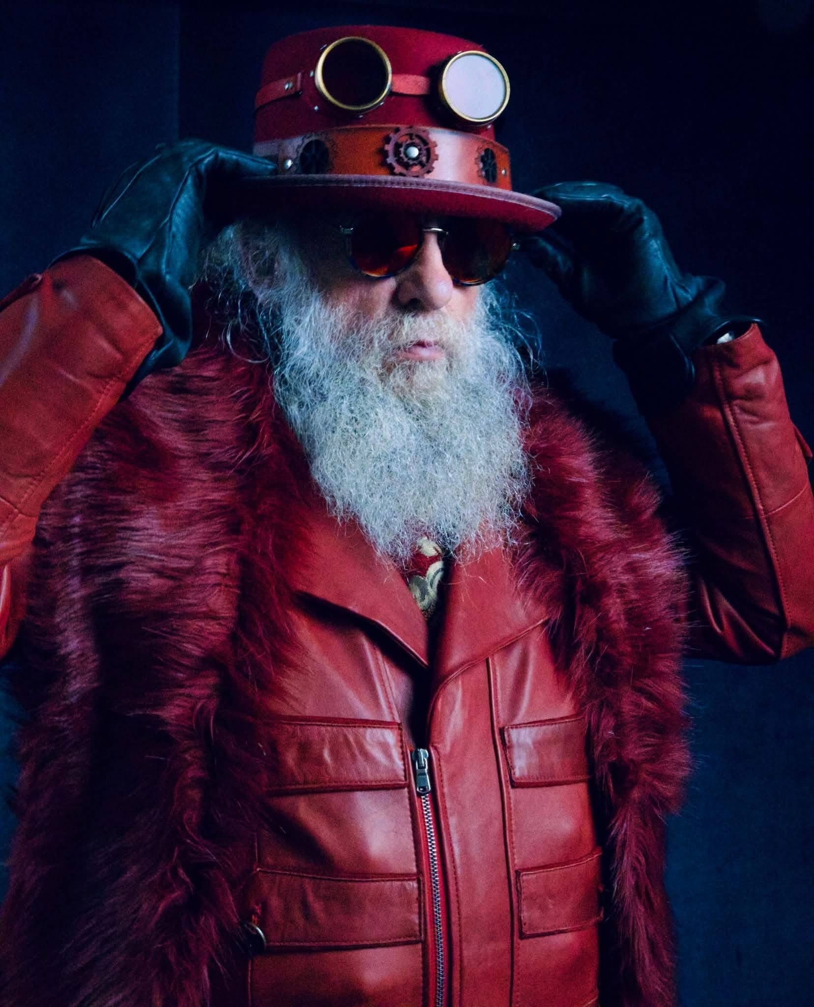 Steampunk Santa in long red leather coat