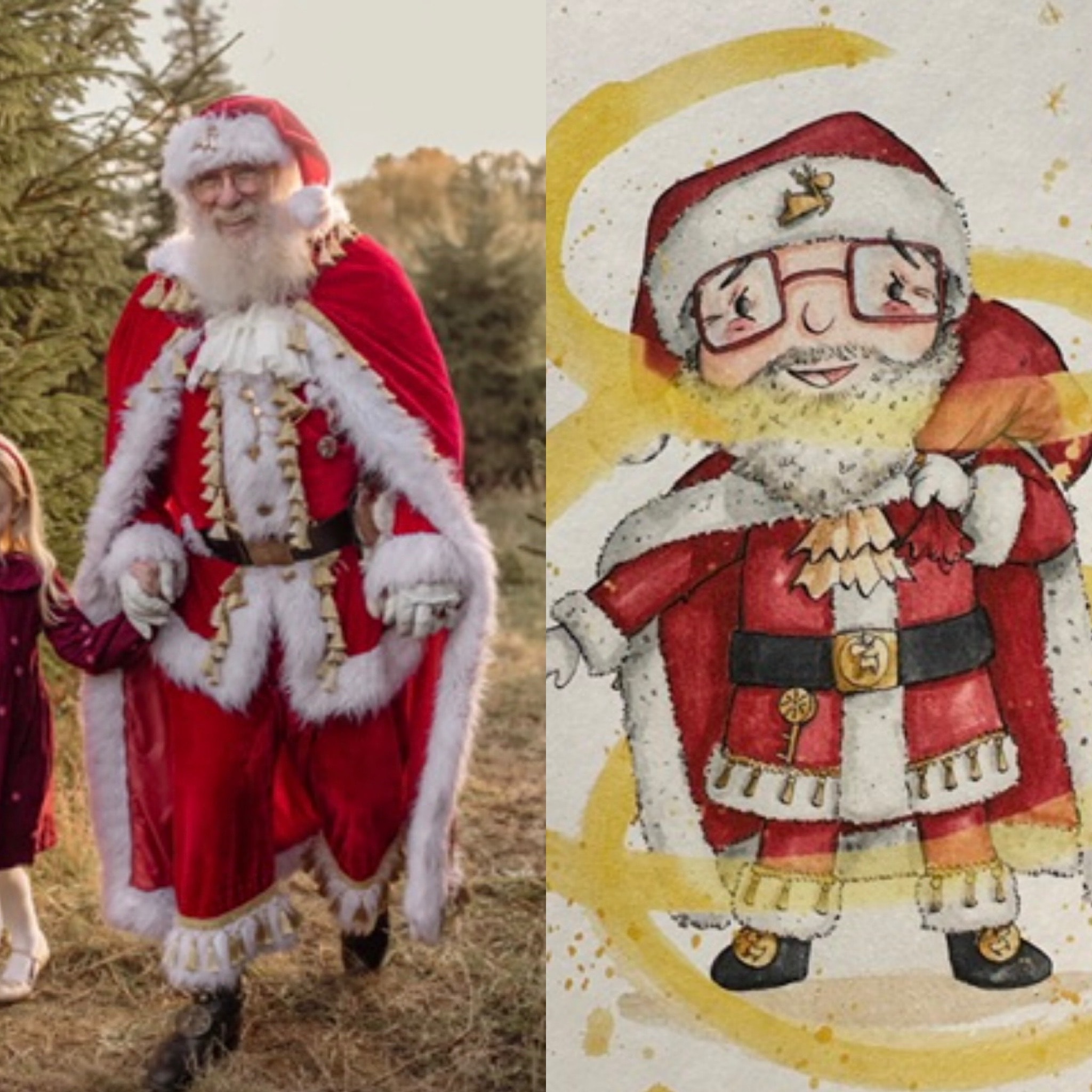 Santa with child at Christmas tree farm